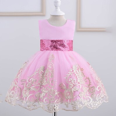 cheap Girls&#039; Clothing-Kids Little Girls&#039; Dress Floral Solid Colored Party Christening dress A Line Dress Sequins Ruched Mesh White Pink Khaki Knee-length Sleeveless Princess Cute Dresses Fall Summer Regular Fit 2-8 Years