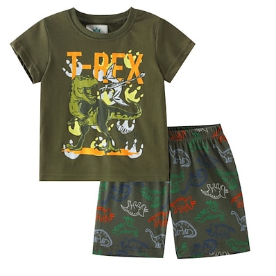 hesapli Erkek Çocuk Kıyafetleri-Çocuklar Genç Erkek Tişört ve Şort Kıyafet Seti Kısa Kollu 2 Parça Ordu Yeşili Desen Dinozor Harf Hayvan İç Mekan Dış mekan Pamuklu Normal Günlük 2-8 Yıl / Bahar / Yaz
