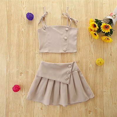 cheap Girls&#039; Clothing Sets-Kids Girls&#039; Skirt Set Clothing Set Children&#039;s Day Sleeveless 2 Pieces Khaki Solid Color Vacation Outdoor Cotton Regular Fashion Daily 1-5 Years / Spring / Summer