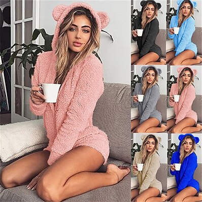 cheap Women&#039;s Sleep &amp; Lounge-Women&#039;s Plus Size Pajamas Onesies Jumpsuits Plush Simple Comfort Pure Color Fleece Home Party Hoodie Warm Gift Long Sleeve Fall Winter Colorful blue Skin powder