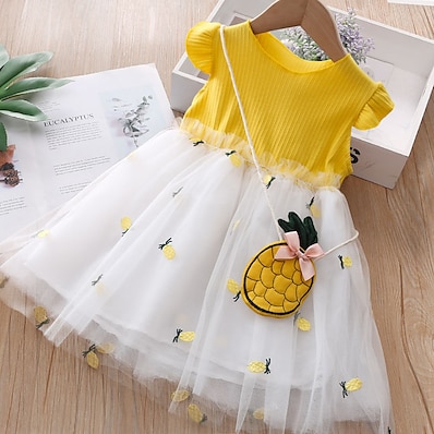 hesapli Kız Çocuk Kıyafetleri-Çocuklar Küçük Genç Kız Elbise Meyve Tutu Elbise Örümcek Ağı Desen Sarı Doğal Pembe Diz-boyu Kısa Kollu Temel Elbiseler Yaz Normal Bebek