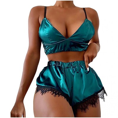 cheap Women&#039;s Sleep &amp; Lounge-Women&#039;s 1 set Pajamas Sets Fashion Comfort Pure Color Nylon Home Street Daily Straps Sleeveless Lace Patchwork Spring Summer Chest pads Green Black / Sexy
