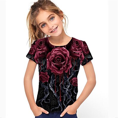 cheap Girls&#039; Clothing-Kids Girls&#039; T shirt Short Sleeve 3D Print Floral Black Children Tops Active Fashion Streetwear Spring Summer Daily Indoor Outdoor Regular Fit 3-12 Years / Cute