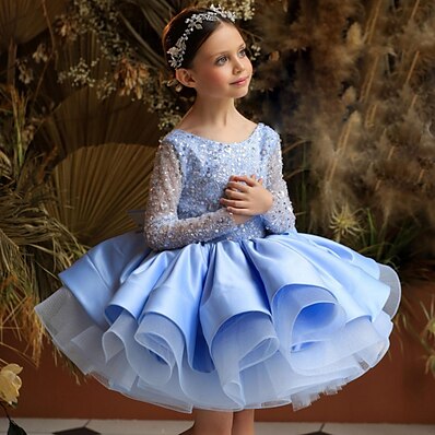 cheap Girls&#039; Clothing-Kids Little Girls&#039; Dress Sequin Party Wedding Birthday Sequins Blue Chiffon Long Sleeve Elegant Princess Dresses Spring Summer 3-10 Years