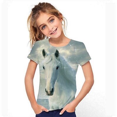 cheap Girls&#039; Tees &amp; Blouses-Kids Girls&#039; T shirt Tee Short Sleeve Horse 3D Print Graphic Animal White Children Tops Spring &amp; Summer Active Baby
