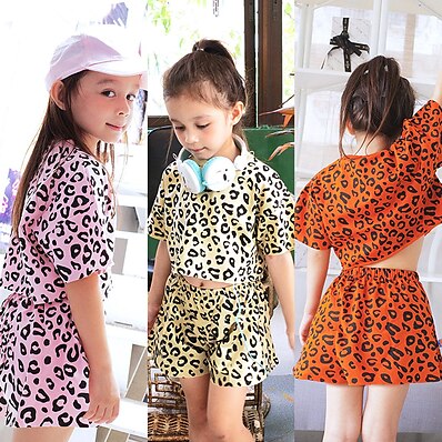 cheap Girls&#039; Clothing-Kids Girls&#039; T-shirt &amp; Shorts Clothing Set Short Sleeve 2 Pieces Pink Khaki Orange Leopard Vacation Cute Sweet 2-6 Years / Summer