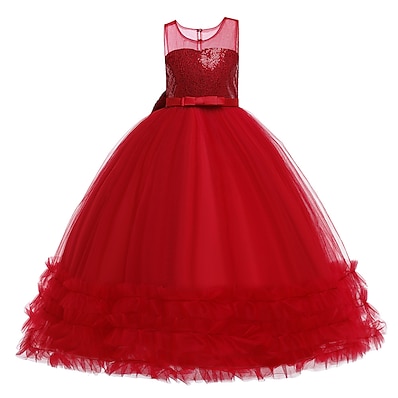 cheap Girls&#039; Clothing-Kids Little Girls&#039; Dress Plain Party Daily Tulle Dress Sequins Pink Red Beige Maxi Sleeveless Elegant Cute Dresses Spring Summer Children&#039;s Day Slim 4-13 Years