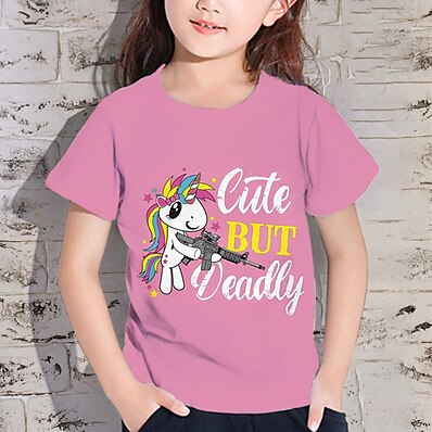 cheap Girls&#039; Clothing-Kids Girls&#039; T shirt Short Sleeve 3D Print Unicorn Letter Animal Pink Children Tops Active Fashion Streetwear Spring Summer Daily Indoor Outdoor Regular Fit 3-12 Years / Cute