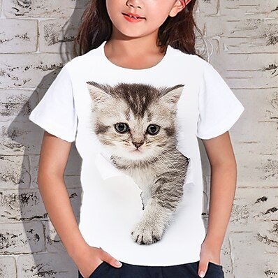 cheap Girls&#039; Clothing-Kids Girls&#039; T shirt Short Sleeve 3D Print Cat Animal White Children Tops Active Fashion Streetwear Spring Summer Daily Indoor Outdoor Regular Fit 3-12 Years / Cute