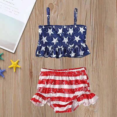 cheap Girls&#039; Clothing-Kids Girls&#039; Two Piece Swimwear Swimsuit Ruched Ruffle Print Swimwear Sleeveless Striped Print Red Active Cute Outdoor Beach Bathing Suits 2-6 Years / Spring / Summer