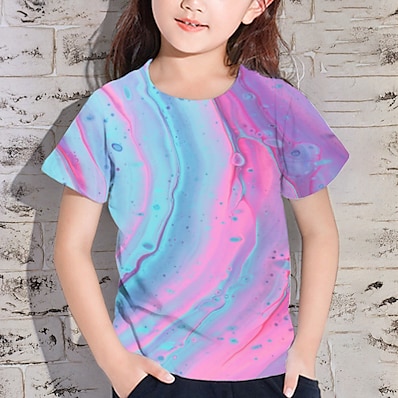 cheap Girls&#039; Clothing-Kids Girls&#039; T shirt Short Sleeve 3D Print Color Block Blue Children Tops Active Fashion Streetwear Spring Summer Daily Indoor Outdoor Regular Fit 3-12 Years / Cute