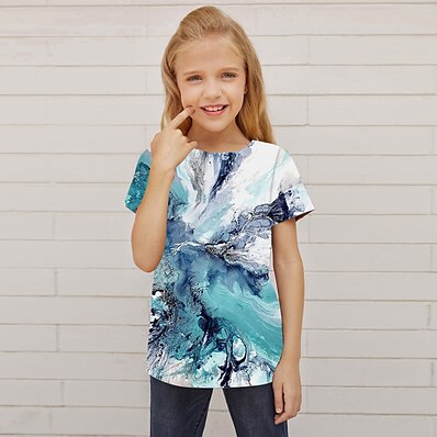 cheap Girls&#039; Clothing-Kids Girls&#039; T shirt Short Sleeve 3D Print Color Block Blue Gray Children Tops Active Fashion Streetwear Spring Summer Daily Indoor Outdoor Regular Fit 3-12 Years / Cute