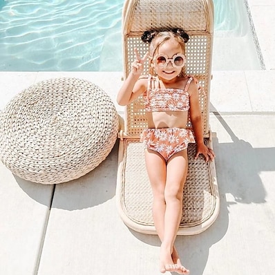 cheap Kids-Kids Girls&#039; Two Piece Swimwear Swimsuit Ruched Ruffle Print Swimwear Sleeveless Floral Brown Active Cute Outdoor Beach Bathing Suits 1-5 Years / Spring / Summer