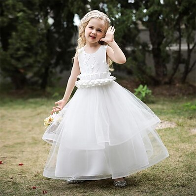 cheap Girls&#039; Clothing-Kids Little Girls&#039; Dress Flower Special Occasion Performance Tulle Dress Beaded Patchwork White Pink Light Green Maxi Sleeveless Princess Cute Dresses Spring Summer Children&#039;s Day Slim 4-13 Years