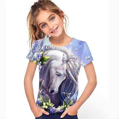 cheap Girls&#039; Tees &amp; Blouses-Kids Girls&#039; T shirt Short Sleeve 3D Print Floral Unicorn Animal Blue Children Tops Active Fashion Streetwear Spring Summer Daily Indoor Outdoor Regular Fit 3-12 Years / Cute