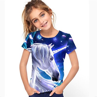 cheap Girls&#039; Clothing-Kids Girls&#039; T shirt Short Sleeve 3D Print Unicorn Animal Blue Children Tops Active Fashion Streetwear Spring Summer Daily Indoor Outdoor Regular Fit 3-12 Years / Cute