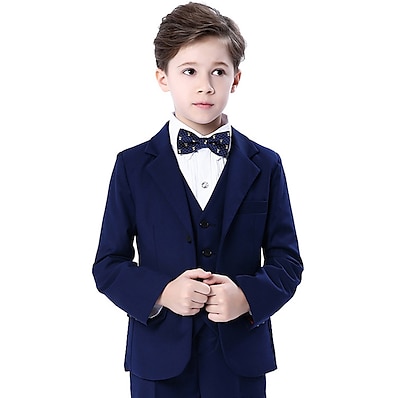 cheap Boys&#039; Clothing-Kids Boys Suit &amp; Blazer Clothing Set Long Sleeve 5 Pieces Black Navy Blue Bow Solid Color Formal Birthday Formal Gentle 3-12 Years / Fall / Winter / Spring