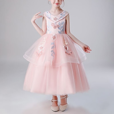 cheap Girls&#039; Clothing-Kids Little Girls&#039; Dress Plants Party Wedding Tulle Dress Embroidered Mesh Patchwork Pink Midi Sleeveless Princess Sweet Dresses Spring Summer Children&#039;s Day Slim 4-13 Years