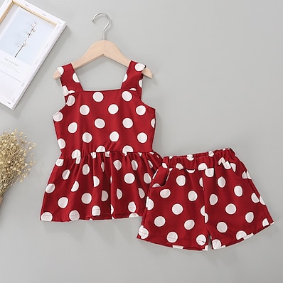 cheap Girls&#039; Clothing-Kids Girls&#039; Tank &amp; Shorts Clothing Set Sleeveless 2 Pieces Black Red Ruched Polka Dot Indoor Outdoor Regular Cute Sweet 2-8 Years / Spring / Summer