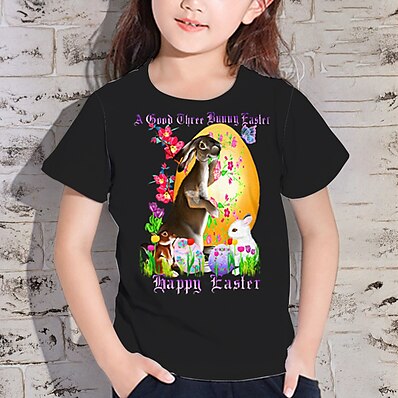 cheap Girls&#039; Clothing-Kids Girls&#039; T shirt Easter Short Sleeve 3D Print Rabbit Bunny Letter Animal Black Children Tops Active Fashion Streetwear Spring Summer Easter Daily Indoor Outdoor Regular Fit 3-12 Years / Cute