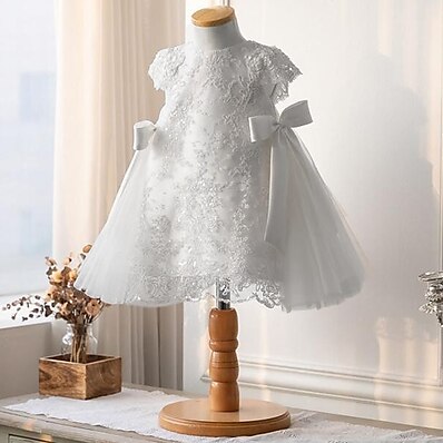 cheap Girls&#039; Clothing-Kids Little Girls&#039; Dress Solid Colored Party Wedding Special Occasion Lace up Bow White Short Sleeve Elegant Vintage Princess Dresses Spring Summer 3-12 Years
