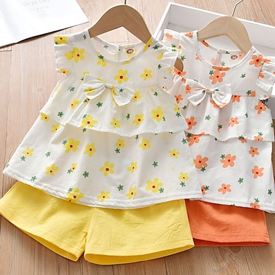 cheap Girls&#039; Clothing-Kids Girls&#039; T-shirt &amp; Shorts Clothing Set Short Sleeve 2 Pieces Orange Yellow Ruched Bow Print Floral Graphic Indoor Outdoor Cotton Regular Cute Sweet 3-6 Years / Spring / Summer