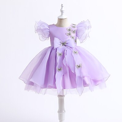 cheap Girls&#039; Clothing-Kids Little Girls&#039; Dress Butterfly Solid Colored Party Birthday Tulle Dress Mesh Purple Knee-length Short Sleeve Princess Sweet Dresses Spring Summer 1 PC Slim 3-10 Years