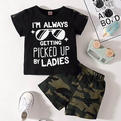 cheap Boys&#039; Clothing-Kids Boys T-shirt &amp; Shorts Clothing Set Short Sleeve 2 Pieces Black Print Camo Letter Indoor Outdoor Cotton Regular Casual Daily 1-5 Years / Spring / Summer