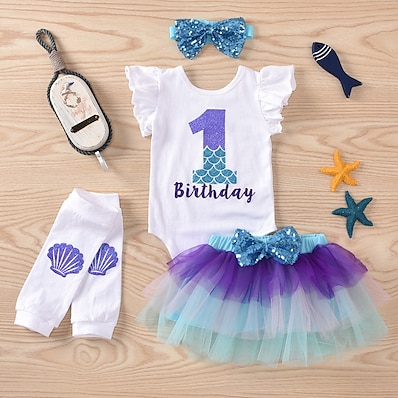 cheap Girls&#039; Clothing Sets-Kids Girls&#039; T-shirt &amp; Skirt Clothing Set Sleeveless 4 Pieces Blue Purple Mesh Bow Print Mermaid Letter Indoor Outdoor Cotton Regular Costume Cute 1-5 Years Above Knee / Spring / Summer