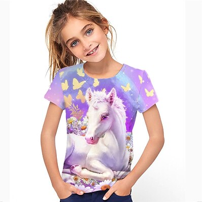 cheap Girls&#039; Clothing-Kids Girls&#039; T shirt Short Sleeve 3D Print Floral Unicorn Animal Purple Children Tops Active Fashion Streetwear Spring Summer Daily Indoor Outdoor Regular Fit 3-12 Years / Cute
