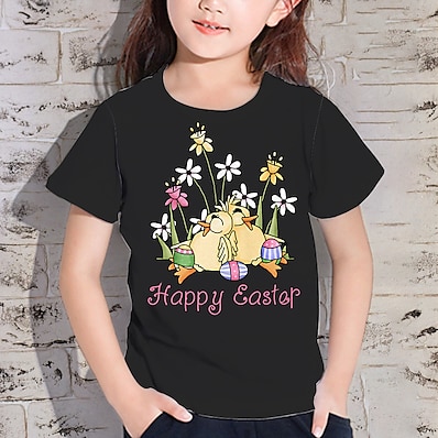 cheap Girls&#039; Clothing-Kids Girls&#039; T shirt Easter Short Sleeve 3D Print Floral Letter Animal Black Children Tops Active Fashion Streetwear Spring Summer Easter Daily Indoor Outdoor Regular Fit 3-12 Years / Cute