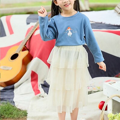 cheap Girls&#039; Clothing-Kids Toddler Girls&#039; T shirt Long Sleeve Letter Blue White Cotton Children Tops Basic Daily Fall Spring Daily Loose 2-12 Years