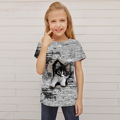 cheap Girls&#039; Clothing-Kids Girls&#039; T shirt Short Sleeve 3D Print Cat Animal Gray Children Tops Active Fashion Streetwear Spring Summer Daily Indoor Outdoor Regular Fit 3-12 Years / Cute