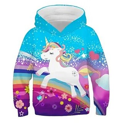 cheap Girls&#039; Clothing-Kids Girls&#039; Hoodie Long Sleeve 3D Print Pocket Rainbow Unicorn Animal Blue Children Tops Fashion Streetwear Adorable Fall Winter Daily Indoor Outdoor Regular Fit 3-12 Years / Spring