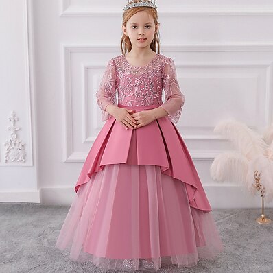 cheap Girls&#039; Clothing-Kids Little Girls&#039; Dress Floral Solid Colored Party Christening dress A Line Dress Sequins Ruched Mesh Green White Pink Maxi Long Sleeve Princess Cute Dresses Spring Summer Regular Fit 4-13 Years
