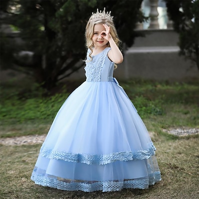 cheap Girls&#039; Clothing-Kids Little Girls&#039; Dress Plain Special Occasion Birthday Tulle Dress Mesh Lace Trims Blue White Pink Maxi Sleeveless Beautiful Cute Dresses Spring Summer Children&#039;s Day Slim 4-13 Years