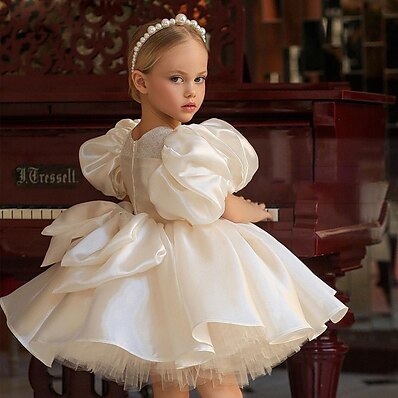 hesapli Kız Çocuk Kıyafetleri-Çocuklar Küçük Genç Kız Elbise Solid Özel Gün Doğumgünü Haljina A kroja Beyaz Diz-boyu Pamuklu Kısa Kollu Prenses sevimli Stil Elbiseler Yaz Normal 2-8 Yıl