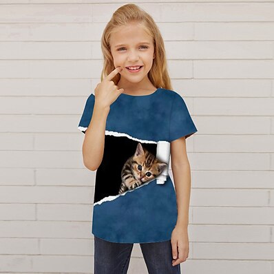 cheap Girls&#039; Clothing-Kids Girls&#039; T shirt Short Sleeve 3D Print Cat Animal Blue Children Tops Active Fashion Streetwear Spring Summer Daily Indoor Outdoor Regular Fit 3-12 Years / Cute