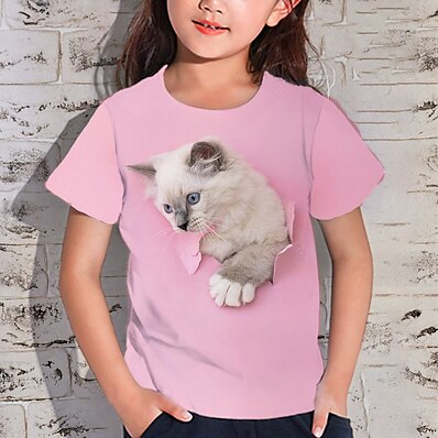 cheap Girls&#039; Clothing-Kids Girls&#039; T shirt Short Sleeve 3D Print Cat Animal White Pink Children Tops Active Fashion Streetwear Spring Summer Daily Indoor Outdoor Regular Fit 3-12 Years / Cute