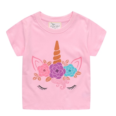 cheap Girls&#039; Clothing-Kids Girls&#039; T shirt Short Sleeve Floral Cartoon Unicorn Pink Cotton Children Tops Adorable Cute Spring Summer Daily Outdoor Regular Fit 3-6 Years