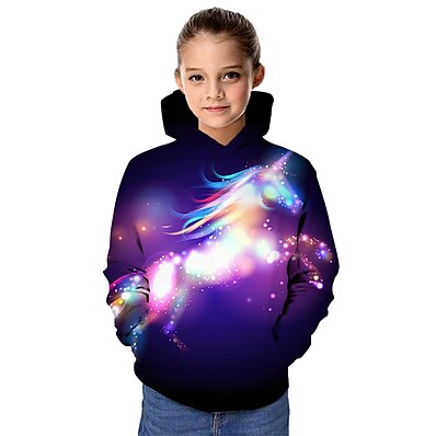 cheap Girls&#039; Clothing-Kids Girls&#039; Hoodie &amp; Sweatshirt Horse Long Sleeve 3D Print Graphic Starry Sky Animal Print Rainbow Children Tops Active Fantasy School 3-12 Years