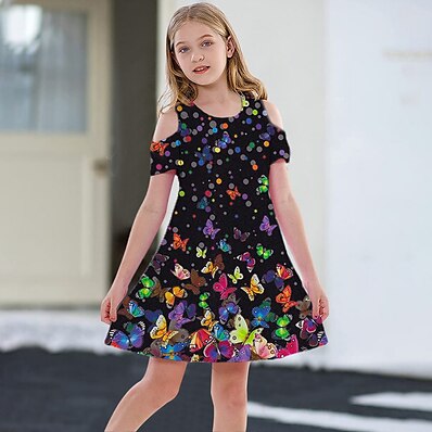 cheap Girls&#039; Clothing-Kids Little Girls&#039; Dress Butterfly Animal Daily Holiday Vacation A Line Dress Print Black Above Knee Short Sleeve Casual Cute Sweet Dresses Spring Summer Regular Fit 3-12 Years