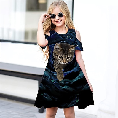 cheap Girls&#039; Clothing-Kids Little Girls&#039; Dress Cat Animal Daily Holiday Vacation A Line Dress Print Blue Above Knee Short Sleeve Casual Cute Sweet Dresses Spring Summer Regular Fit 3-12 Years