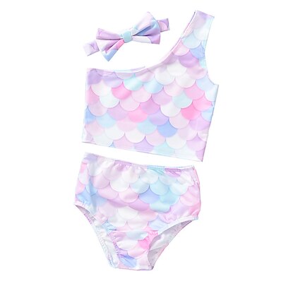 cheap Girls&#039; Clothing-Kids Girls&#039; Three Piece Swimwear Swimsuit Patchwork Print Swimwear Sleeveless Scales Pink Active Cute Outdoor Swimming Bathing Suits 2-8 Years / Spring / Summer