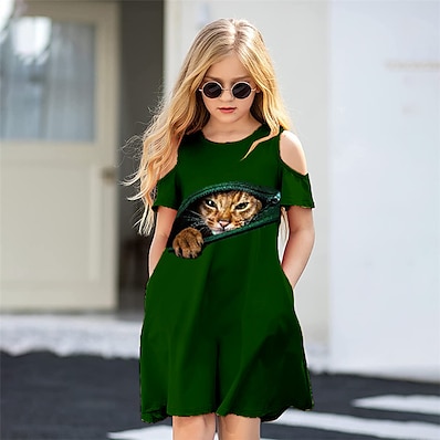 cheap Girls&#039; Clothing-Kids Little Girls&#039; Dress Cat Animal Daily Holiday Vacation A Line Dress Print Green Above Knee Short Sleeve Casual Cute Sweet Dresses Spring Summer Regular Fit 3-12 Years