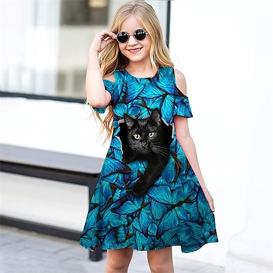 cheap Girls&#039; Clothing-Kids Little Girls&#039; Dress Cat Leaves Animal Daily Holiday Vacation A Line Dress Print Blue Above Knee Short Sleeve Casual Cute Sweet Dresses Spring Summer Regular Fit 3-12 Years
