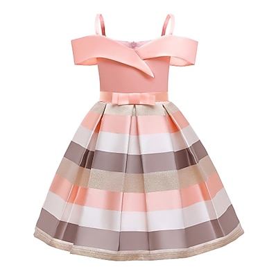 cheap Girls&#039; Clothing-Kids Little Girls&#039; Dress Striped Pleated Bow Blue Blushing Pink Knee-length Sleeveless Active Vintage Dresses Regular Fit 2-12 Years