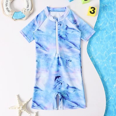 cheap Boys&#039; Clothing-Kids Boys One Piece Swimwear Swimsuit Print Swimwear Short Sleeves Tie Dye Animal Blue Active Outdoor Beach Bathing Suits 1-5 Years / Spring / Summer