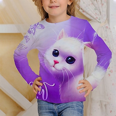cheap Girls&#039; Clothing-Kids Girls&#039; T shirt Tee Long Sleeve Cat 3D Print Animal Print Purple Children Tops Fall Active Daily Wear Regular Fit 4-12 Years