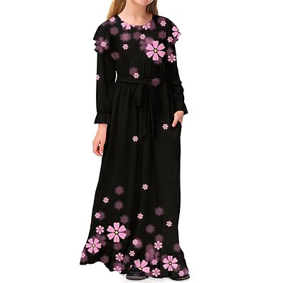 cheap Girls&#039; Clothing-Kids Little Girls&#039; Dress Floral Daily Holiday Vacation A Line Dress Print Black Maxi Long Sleeve Casual Cute Sweet Dresses Spring Summer Regular Fit 3-10 Years